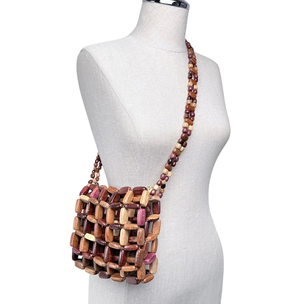 Boho Wooden Bead Woven Crossbody Shoulder Bag Brown Neutral Summer Vintage